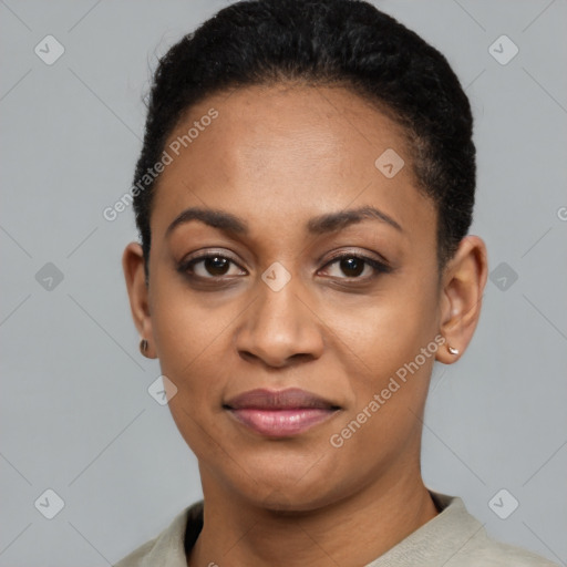 Joyful latino young-adult female with short  black hair and brown eyes