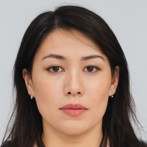 Neutral asian young-adult female with long  brown hair and brown eyes