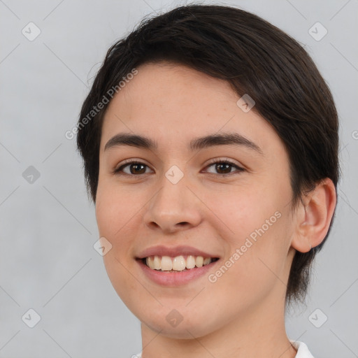 Joyful white young-adult female with medium  brown hair and brown eyes