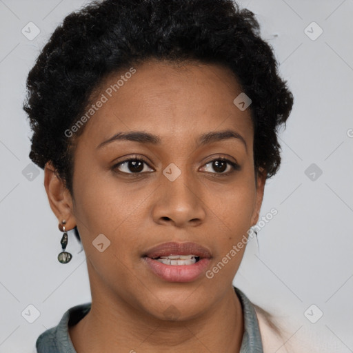 Neutral black young-adult female with short  brown hair and brown eyes