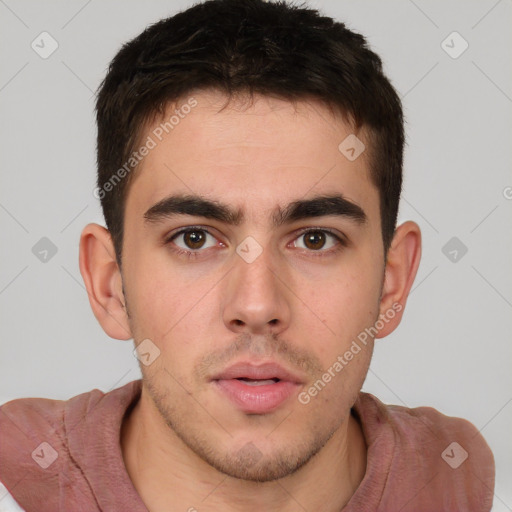 Neutral white young-adult male with short  brown hair and brown eyes