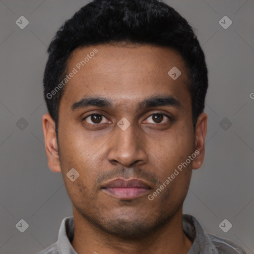 Neutral black young-adult male with short  black hair and brown eyes