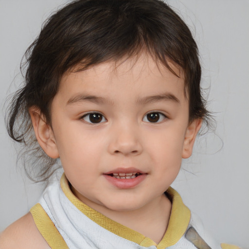 Joyful white child female with medium  brown hair and brown eyes