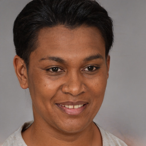 Joyful black adult female with short  brown hair and brown eyes