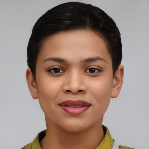 Joyful asian young-adult female with short  brown hair and brown eyes
