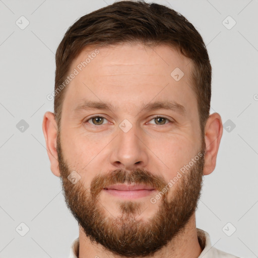 Neutral white young-adult male with short  brown hair and grey eyes