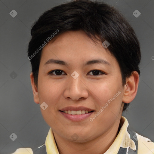 Joyful asian young-adult female with short  brown hair and brown eyes