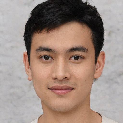 Joyful asian young-adult male with short  black hair and brown eyes