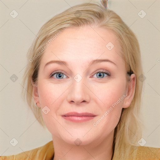 Joyful white young-adult female with medium  brown hair and blue eyes