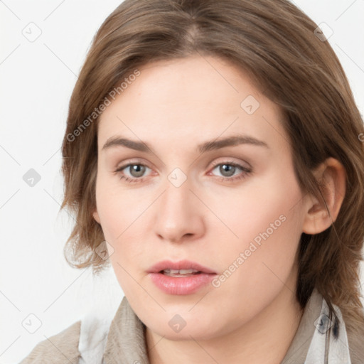 Neutral white young-adult female with medium  brown hair and grey eyes