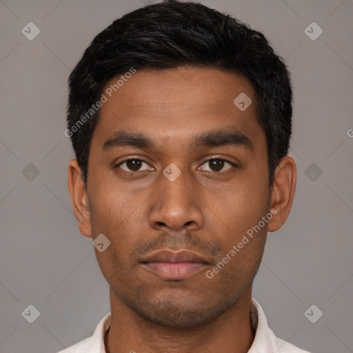 Neutral latino young-adult male with short  black hair and brown eyes
