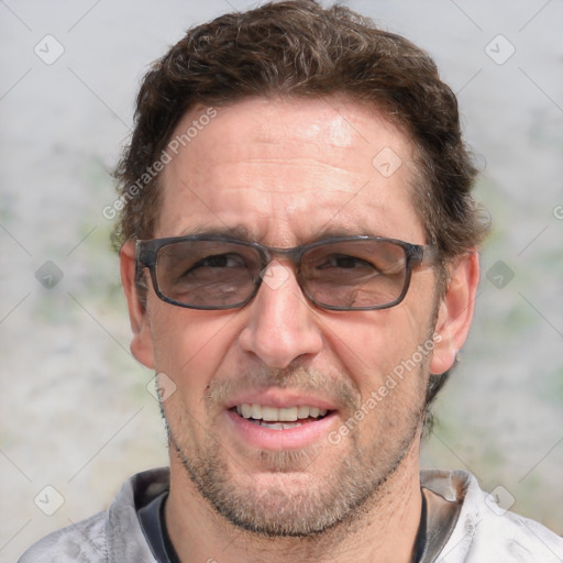 Joyful white middle-aged male with short  brown hair and brown eyes