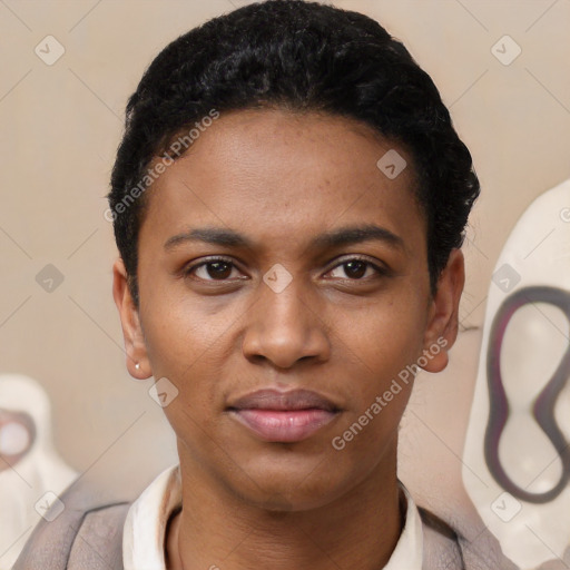 Joyful latino young-adult female with short  black hair and brown eyes