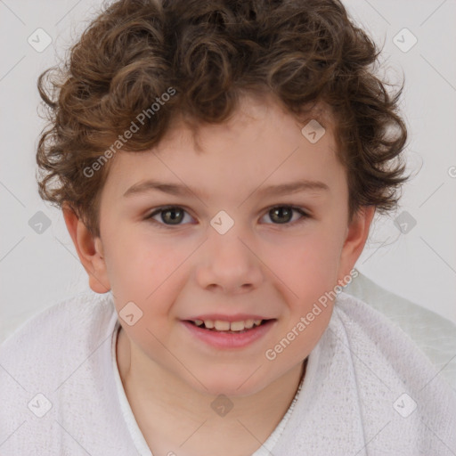 Joyful white child female with short  brown hair and brown eyes