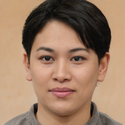 Joyful asian young-adult female with short  brown hair and brown eyes