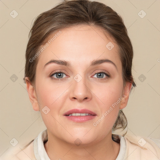 Joyful white young-adult female with medium  brown hair and blue eyes