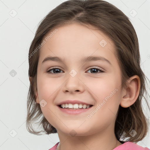 Joyful white child female with medium  brown hair and brown eyes