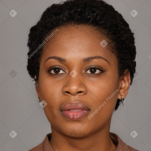 Neutral black young-adult female with short  brown hair and brown eyes