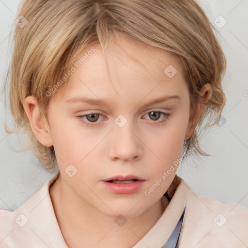 Neutral white child female with medium  brown hair and blue eyes