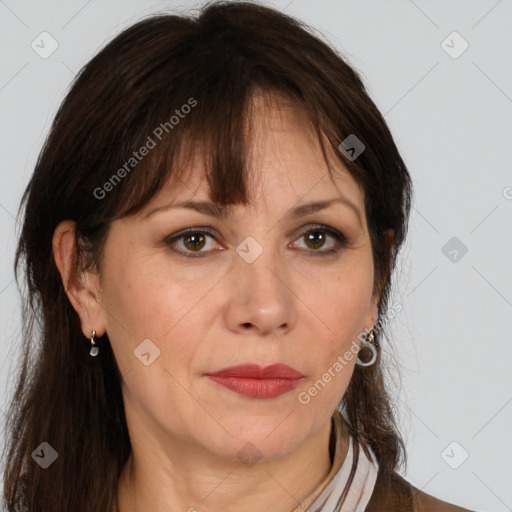 Neutral white adult female with medium  brown hair and brown eyes