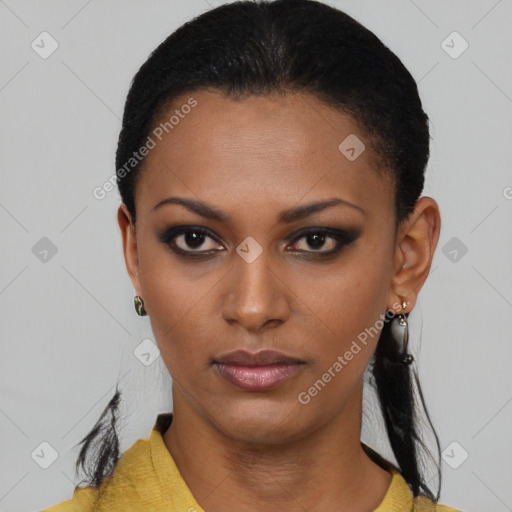 Neutral black young-adult female with short  black hair and brown eyes