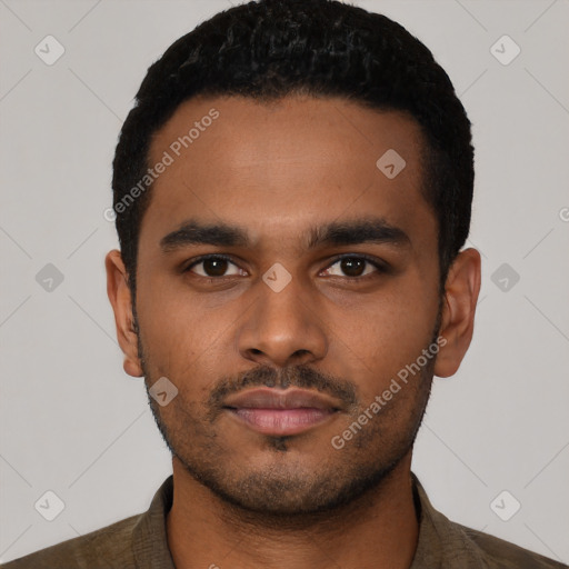 Neutral latino young-adult male with short  black hair and brown eyes