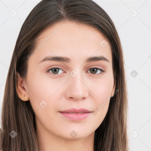 Neutral white young-adult female with long  brown hair and brown eyes