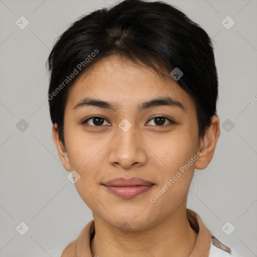 Joyful asian young-adult female with short  brown hair and brown eyes