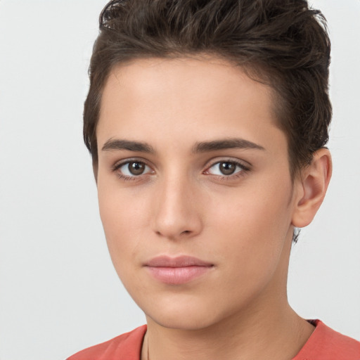 Neutral white young-adult female with short  brown hair and brown eyes