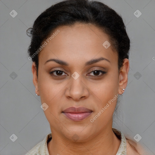 Joyful latino young-adult female with short  brown hair and brown eyes