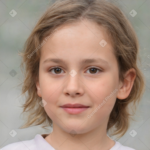 Joyful white child female with medium  brown hair and brown eyes