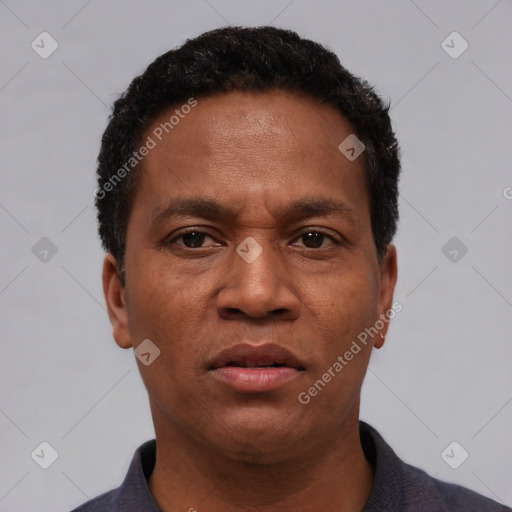 Neutral latino adult male with short  black hair and brown eyes