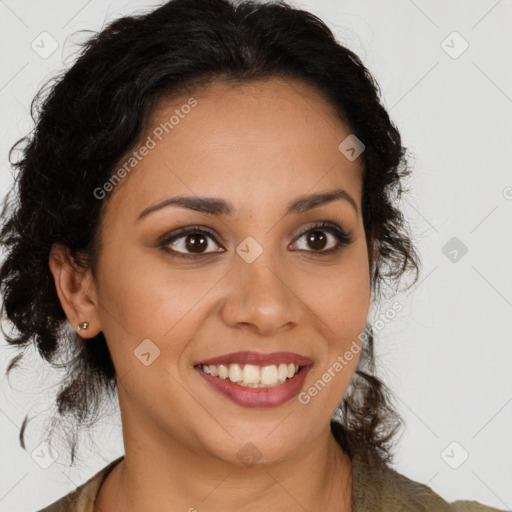 Joyful latino young-adult female with long  brown hair and brown eyes