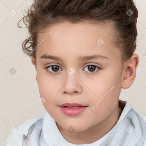 Joyful white child female with short  brown hair and brown eyes