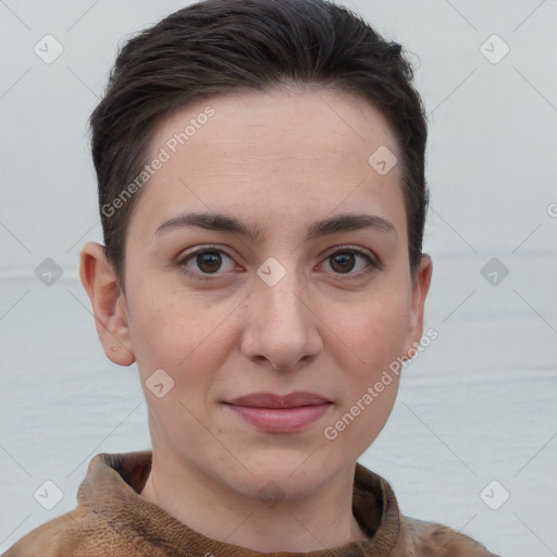 Joyful white young-adult female with short  brown hair and brown eyes