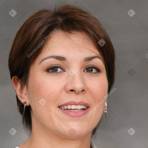 Joyful white young-adult female with medium  brown hair and blue eyes