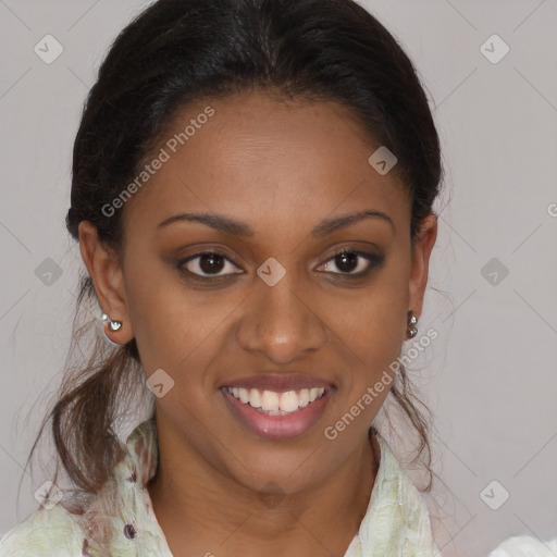 Joyful black young-adult female with medium  brown hair and brown eyes