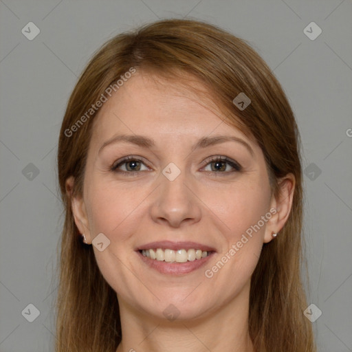 Joyful white young-adult female with long  brown hair and grey eyes