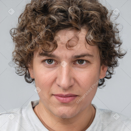 Joyful white adult female with short  brown hair and brown eyes