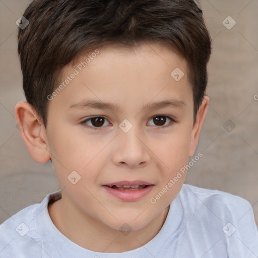 Joyful white child male with short  brown hair and brown eyes