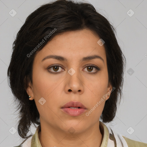 Neutral asian young-adult female with medium  brown hair and brown eyes