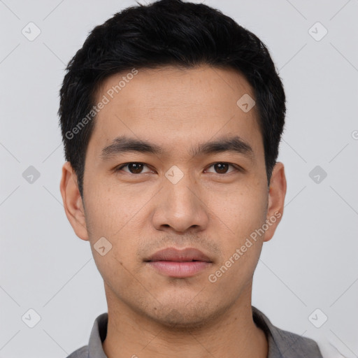 Neutral asian young-adult male with short  black hair and brown eyes