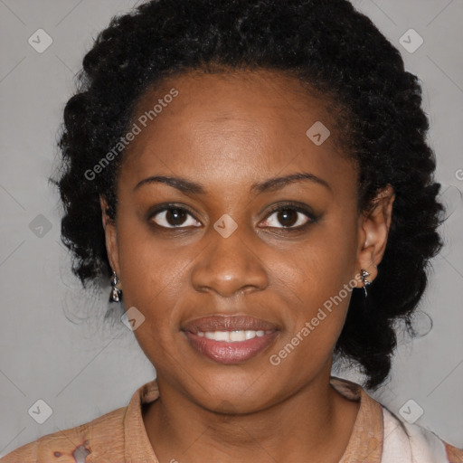 Joyful black young-adult female with medium  black hair and brown eyes