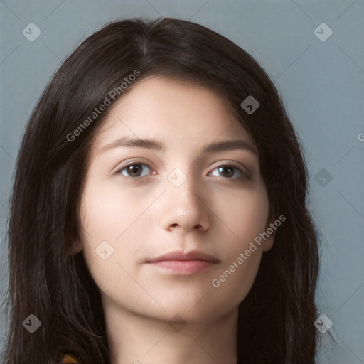 Neutral white young-adult female with long  brown hair and brown eyes