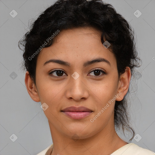 Joyful latino young-adult female with short  brown hair and brown eyes