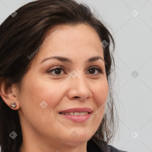 Joyful white adult female with medium  brown hair and brown eyes