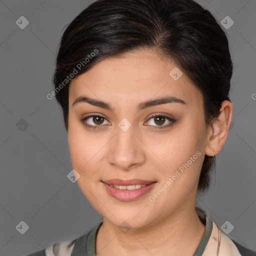 Joyful white young-adult female with medium  brown hair and brown eyes