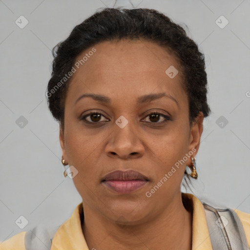 Joyful latino adult female with short  brown hair and brown eyes