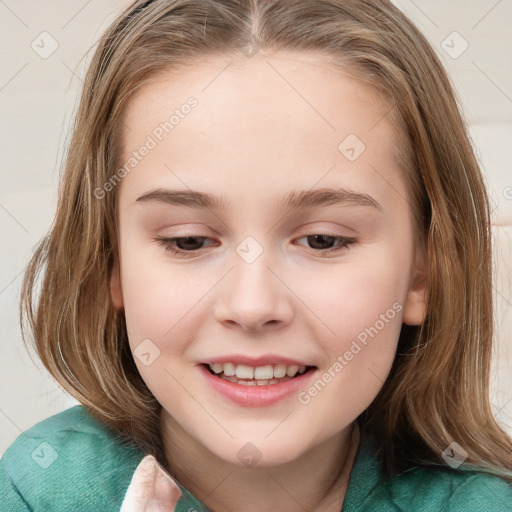 Joyful white child female with medium  brown hair and grey eyes