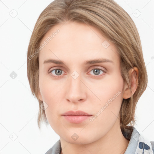 Neutral white young-adult female with medium  brown hair and grey eyes